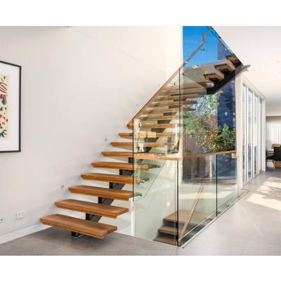 China Modern Popular Selling Glass Straight Staircase Stainless Steel Wooden Tread Glass Stringer Staircase for sale