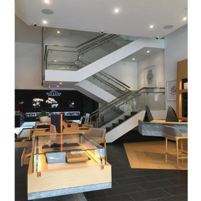 China Modern double side stringer wooden steps staircase/double side beam staircase with glass tread for sale