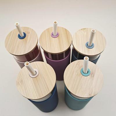 China Heatable 2021 Hot Selling Glass Water Cups With Bamboo Cover Straw Water Bottle Can Be Customized for sale