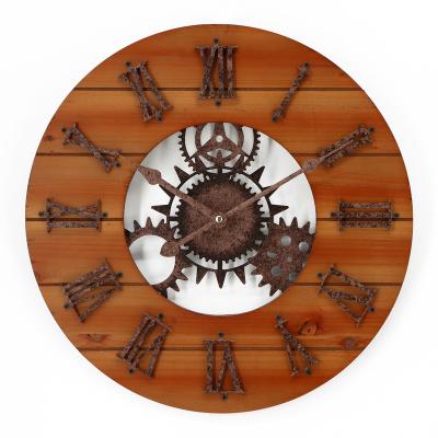 China Antique Style Large Roman Numeral Heavy Vintage Wood Frame Metal Wall Clocks For Living Room Decor Large Decorative Wall Clock for sale