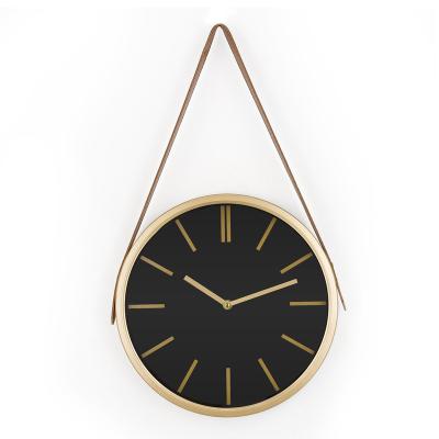 China Antique Style 12 Inch Modern Silent Quartz Wall Clock With Leather Industrial Style Non-ticking Wall Hanging For Living Room Decor for sale