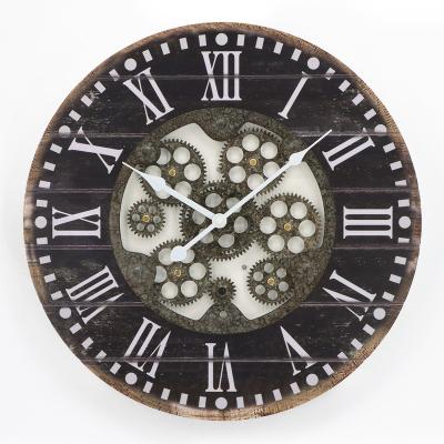 China Antique American Design Black Style Brown Wood Frame Shiplap Gears Farmhouse MDF Wooden Wall Clock for sale