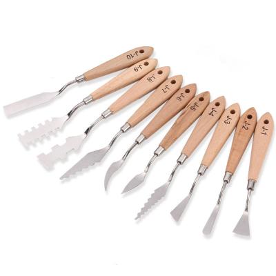 China Used for painting or mixing Weizhuang 10pcs/set different shape handle woody special-shaped handle stainless steel scraper artists palette knife painting knife oil and acrylic paint set for sale