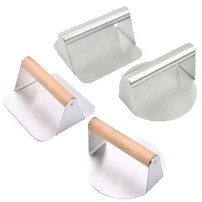 China New Viable Stainless Steel Burger Meat Press Beech Wood DIY Patty Machine Round Handle Beef Pie Mold Square Kitchen Tool for sale