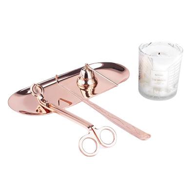 China New Birthdays Rose Gold Scented Candle Tools In Stock Set of 3 Pieces Wick Scissor Candle Extinguishing Household Produc Bell Dish Set for sale