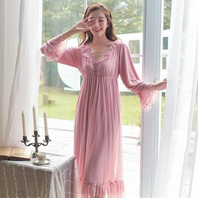 China 2021 New Arrival Spring Long Sleeve QUICK DRY Mesh Modal Nightgown With Breast Pad Women Royal Sleepwear for sale