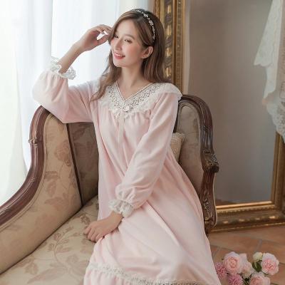 China Winter Plus Size Plus Size French Soft Plush Warm Nightgown Princess Lace Up Sleepwear Bowknot Pajamas for sale