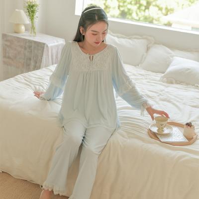 China Women's Lovely Long Sleeve Mesh Princess Retro French Lace Soft QUICK DRY Style Sleepwear Two Piece Pajamas for sale