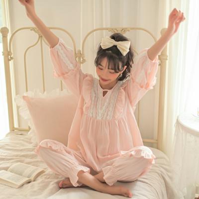 China Spring Long Sleeve Ladies Cotton Korean Nightgown QUICK DRY Soft Woven Suit Student Home Use Lace Pajamas for sale