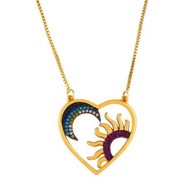 China FASHIONABLE BD-E692 Cubic Zirconia Gold Sun And Moon Necklace Pendant Sterling CZ Heart Pave Necklace Wholesale for sale