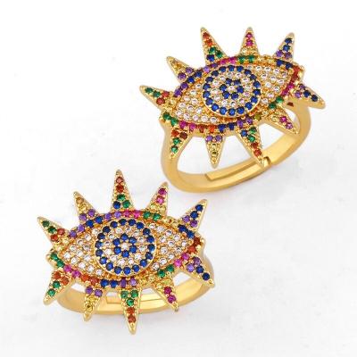 China FASHIONABLE Luxury BD-E727 Gold Plated Jewelry Colored CZ Brass Statement Pave Ring Turkish Eye Adjustable Ring for sale