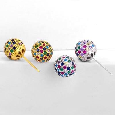 China Hiphop BD-E665 Mic Pave Colorful CZ Disco Ball Rainbow CZ Ball Pearl Stud Earring for sale