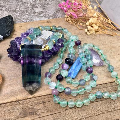 China BOHEMIA BD-C392 handmade fluorite pointed pendant necklace, long beads knotted necklace for gift for sale