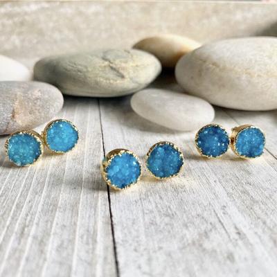 China Natural Raw Druzy Studs Earring, Teal BOHEMIA BD-A1236 Blue Drusilla Round Gemstone Studs Earrings Jewelry for sale