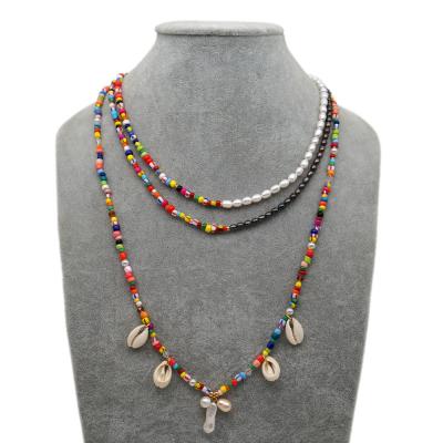 China BOHEMIA BD-A915 Fashion Women Multilayer Pearl Necklace Long Colorful Pearl Necklace With Shell Charm Jewelry for sale