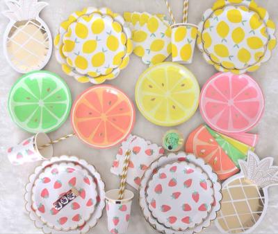 China Costume Fruit Printed Strawberry Lemon Soup Plates Napkin Set Party Supplies Kids Birthday Party Cups And Dishes for sale