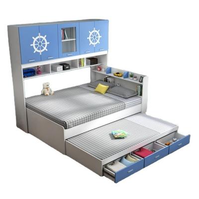 China Environmental Wood Material Blue Wooden Furniture Double Bed Design Children's Bed With Drawer Bed for sale