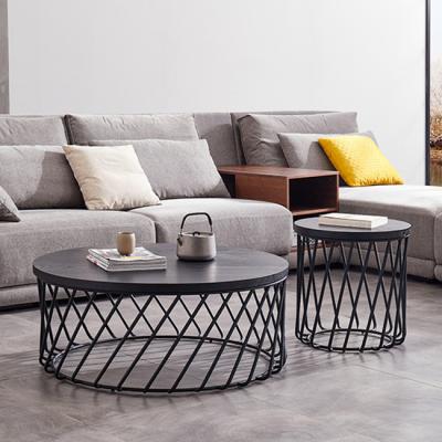 China New Design Eco-friendly Living Room Center Around Wooden Coffee Table Set With Metal Storage Basket for sale