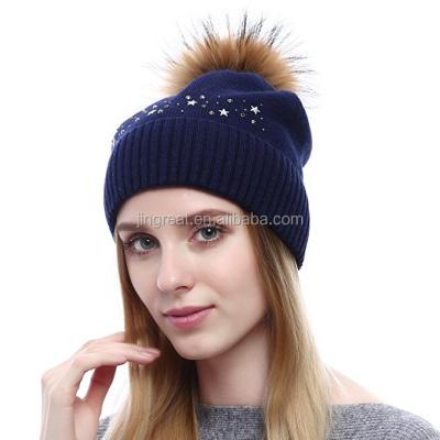 China Women's COMMON Wool Beret - Real Silver Fox Fur Pom Pom Beanies Winter Knit Cashmere Hats for sale