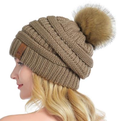 China Character Women's Winter Beanie Thick Chunky Baggy Hat Slouchy Knit Snow Warm With Faux Fur Pom Pom Beanie Hats for sale