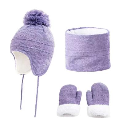 China 2022 Wholesale COMMON winter scarf three-piece gloves keep warm with pom poms kids knitted hat for sale