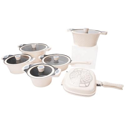 China Sustainable Unique Design Cream Kitchenware Custom Cookware Sets Hot Sale 11 Pcs Kitchen Cooking Set PP Aluminum Plastic Handle for sale