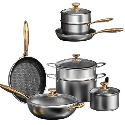 China Sustainable Popular Stainless Steel Cookware Set Pan Household Non-Stick Mirror Polished Food Cookware High Daily Cookware Set 500 Sets for sale