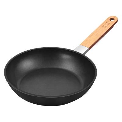 China Traditional Wholesale Amazon Aluminum Frying Pan Cook Pan With Wooden Handle Cast Iron Pan Packaging Design OEM for sale