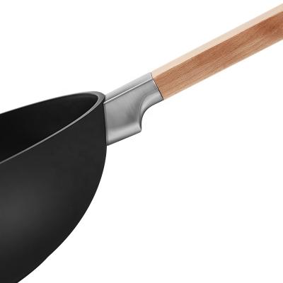 China Traditional unique design aluminum fry pans non stick pan with universal baking pans and wooden handle pans for sale