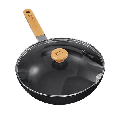 China 2021 Newest Quality Cast Aluminum Wok Burner Sales Glass Wood Handle Cover Sustainable Hot Nonstick Chinese Wok Stove for sale