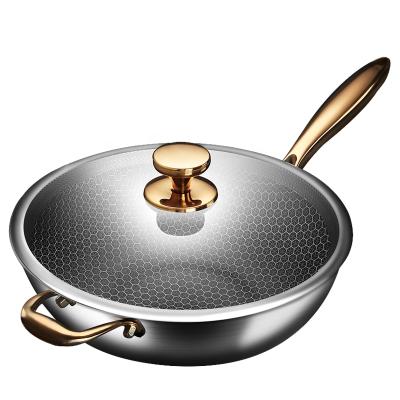 China Honey Comb Stainless Steel Frying Viable Nonstick Chinese Wok Transparent Wok With Lids Covers Tempered Metal Glass for sale