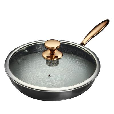 China Hot Selling Viable 32CM Honey Comb Stainless Steel Frying Nonstick Transparent Wok with Gold Plated Lids Covers Tempered Metal Glass for sale