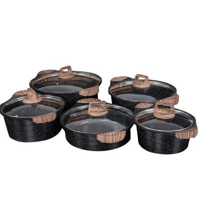 China Sustainable Safe 10Pcs Cookware Set With Wooden Ears Double Sided Black Granite Coated Casserole For Home Kitchen Wares for sale