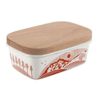 China Sustainable hot selling high quality cookware enamel butter bowl with different design color wooden top for sale