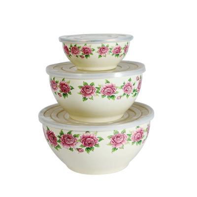 China Viable Factory Wholesale Best Selling Mixed Steel Enamel Bowl Set Salad Bowl With PP Cover for sale