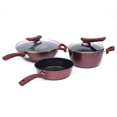 China Viable set of high quality kitchen cookware mounted red aluminum fry pan, egg pan, soup pot for sale