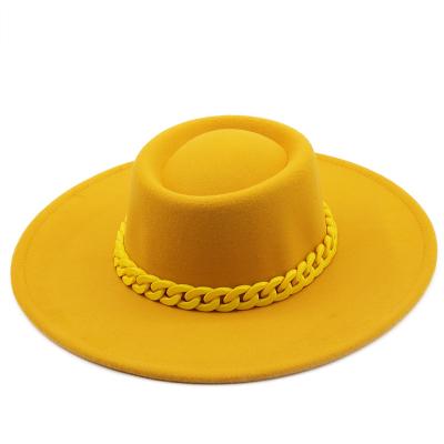 China Wholesale Plush Custom Felt Hat Womens Wide Brim Felted Hat Yellow Hat With Chain for sale