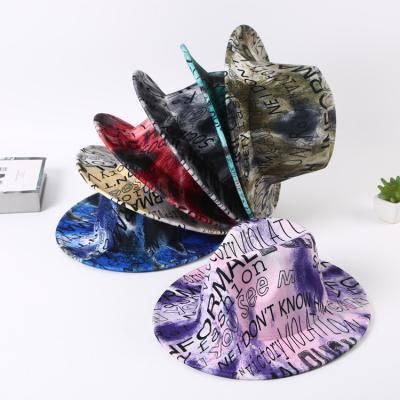 China Character Print Adult Letter Wide Brim Felt Fedora Panama Graffiti Tie Dye Fedora Unisex Adjustable Hats for sale