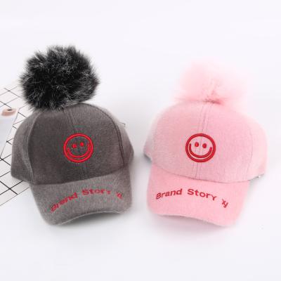 China Wholesale-character embroidery fox fur ball baseball children's hat girl character hat winter hat for sale