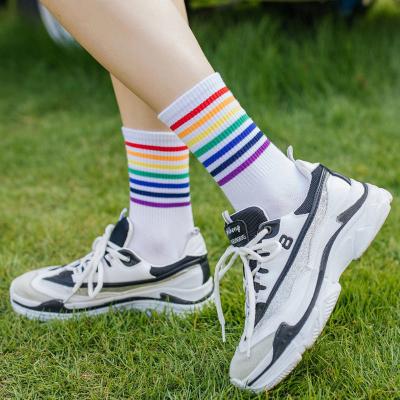 China Factory new style student sporty wholesale rainbow color pop socks ladies striped woman colored socks for sale