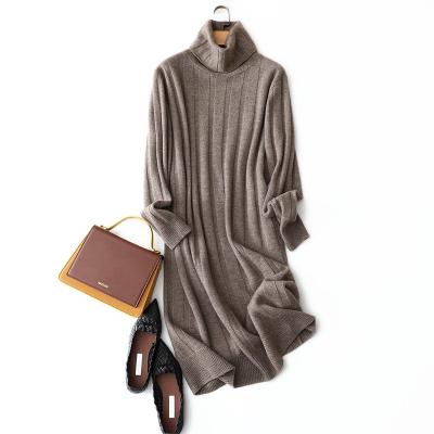 China New Winter Anti-wrinkle Cashmere Sweater Women's Long Skirt Loose Bounding 100% Knitted High Neck Dress for sale