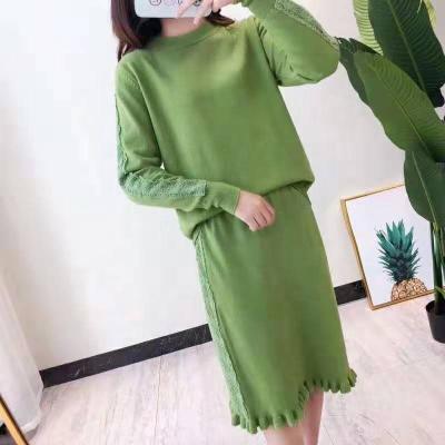 China New Arrival Spring Anti-Shrink Neck Lace Round Sleeve Jumper And Skirt Twin Set for sale