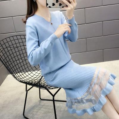 China 2021 New Arrival Spring V Neck Slim Fit Anti-pilling Top And Lace Skirt High Waist Twin Set for sale