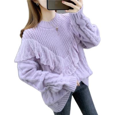 China 2021 Autumn Winter New Fund 2021 Women's Sweater Anti-wrinkle Color Round Collar Sheer Lace Splicing Twist Jumper Knit for sale