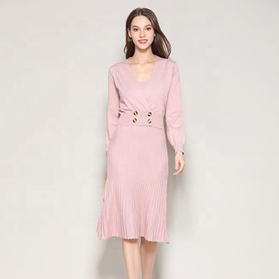 China Winter Korean newcomer style anti-shrink V-neck vest dress and double short button cardigan sweater set for sale