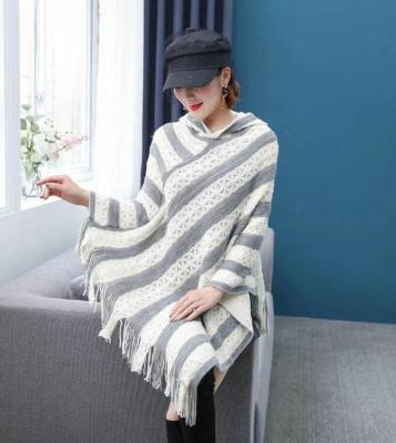 China Hot Sale Lady Hooded Sweater Pullover Anti-pilling Women Knitted Striped Poncho Capes Jumper Elegant Cheap for sale