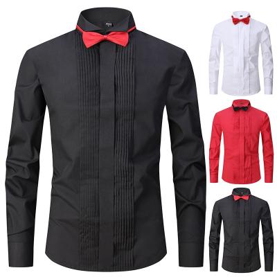 China Pure Black Shirt Men's Adult Bow Tie Dress Long Sleeve Breathable Stage Party Choir Clothing for sale