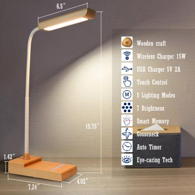 China High quality 360 degree wood adjustable wireless touch switch/mobile charging automatic timing/smart storage/360 adjustment for bedroom led table lamp desk smart wood light for sale