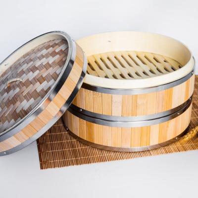 China Sustainable Stainless Steel Handmade Cookware 10Inch Bamboo Basket Steamer Sets For Restaurant for sale