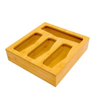 China Drawer Wooden Bamboo Kitchen Rack Bag Holder Freshness Storage Custom Food Bag Storage Box Ziplock Dispenser for sale